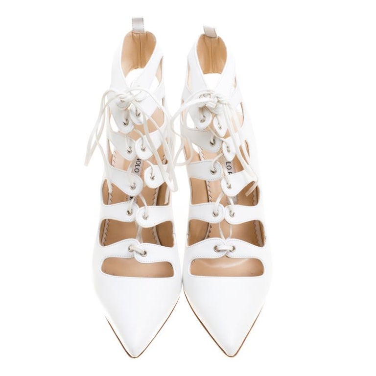 Manolo Blahnik White Leather Latta Cut Out Lace Up Pointed Toe Booties ...