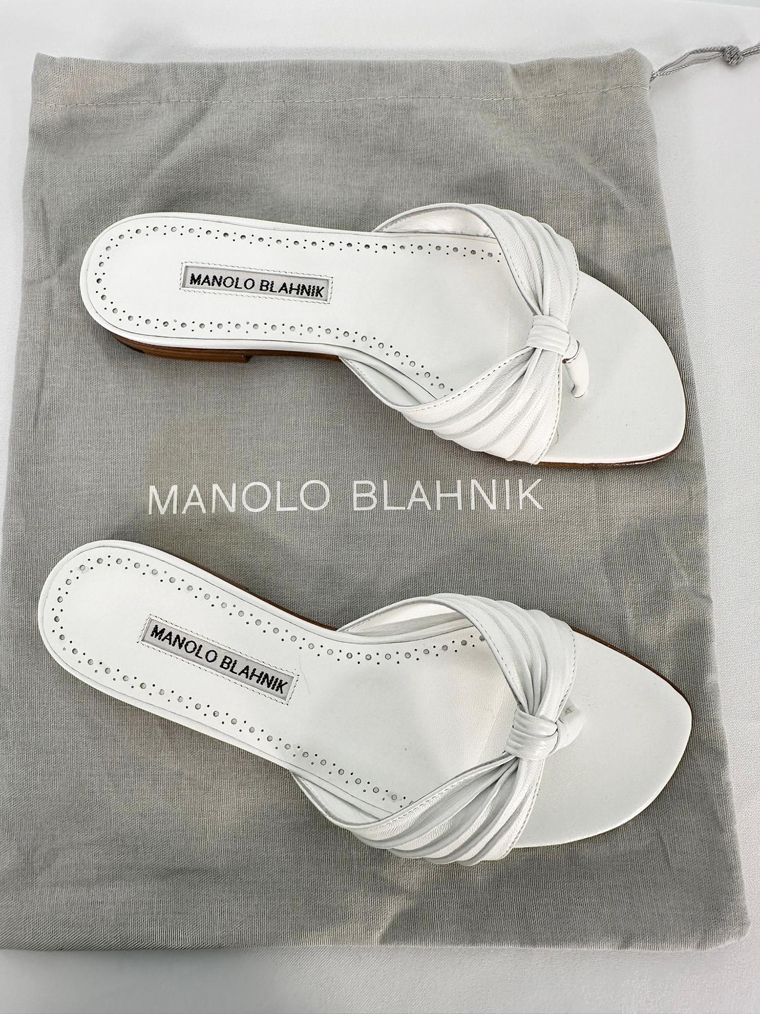 Manolo Blahnik White Leather Thong Sandals 37 Unworn with Box 3
