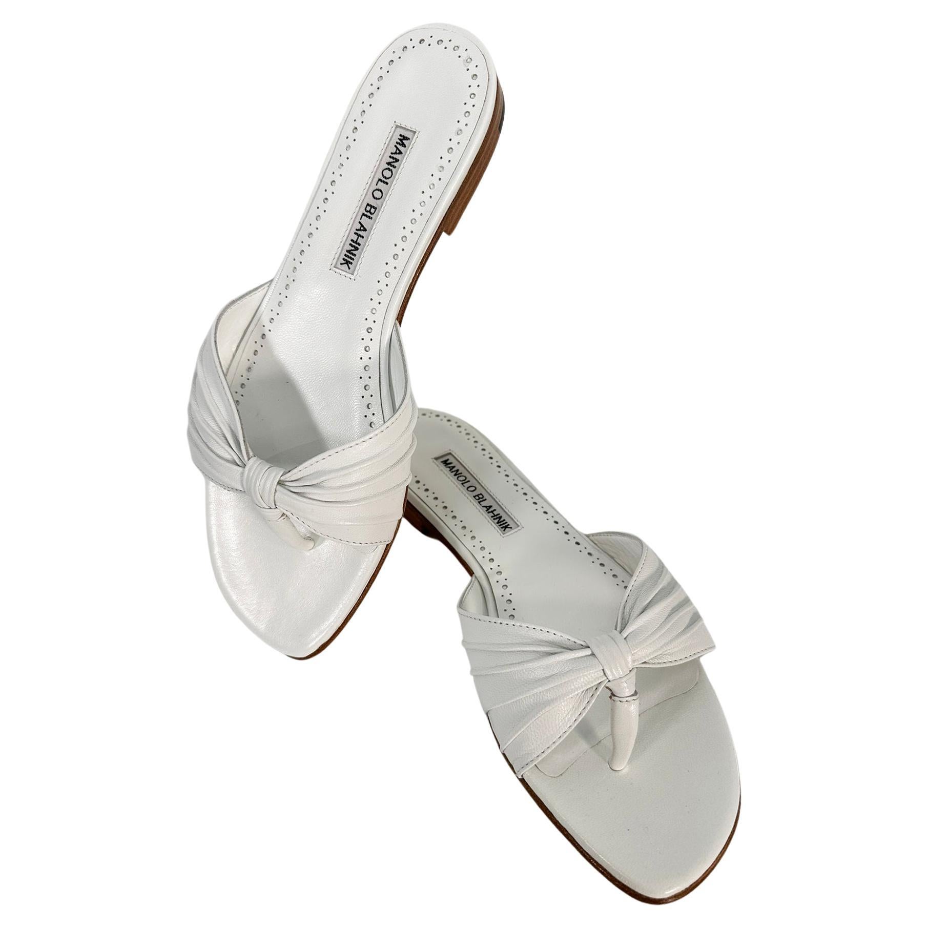 Manolo Blahnik White Leather Thong Sandals 37 Unworn with Box