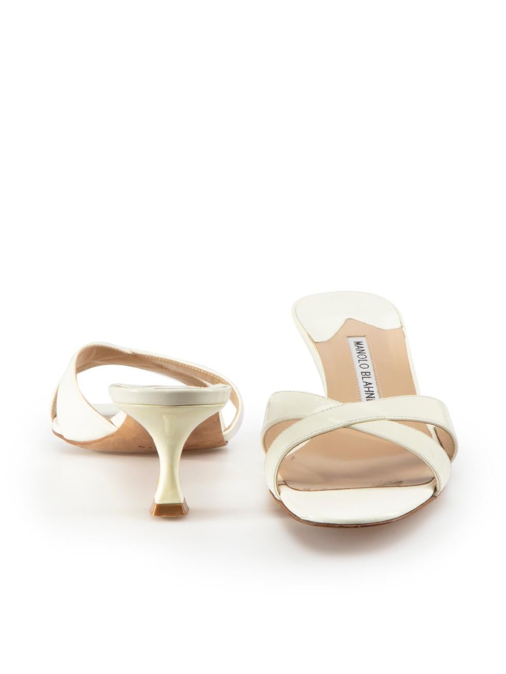 Manolo Blahnik White Patent Cross Strap Sandals Size IT 38 In Excellent Condition In London, GB