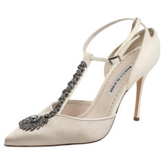 Manolo Blahnik White Satin And Suede Eridania D'orsay Ankle Strap Pumps Size 40