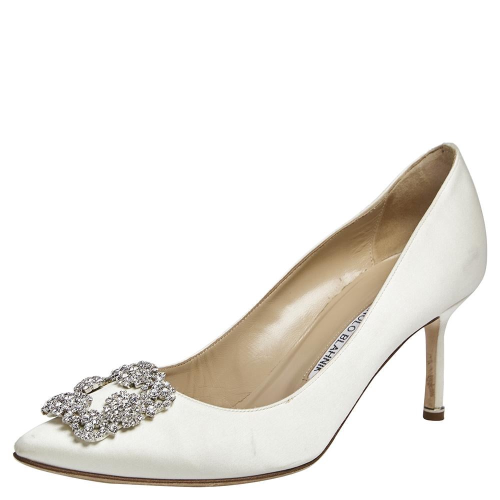 Women's Manolo Blahnik White Satin Hangisi Pumps Size 39.5