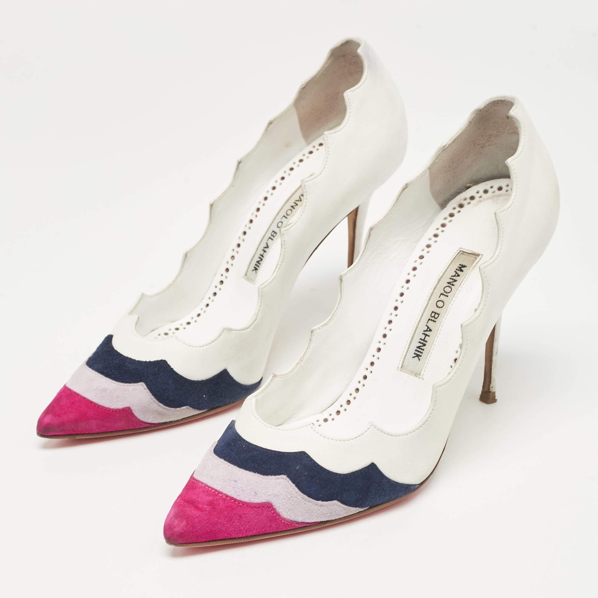 Make a chic style statement with these designer pumps. They showcase sturdy heels and durable soles perfect for your fashionable outings