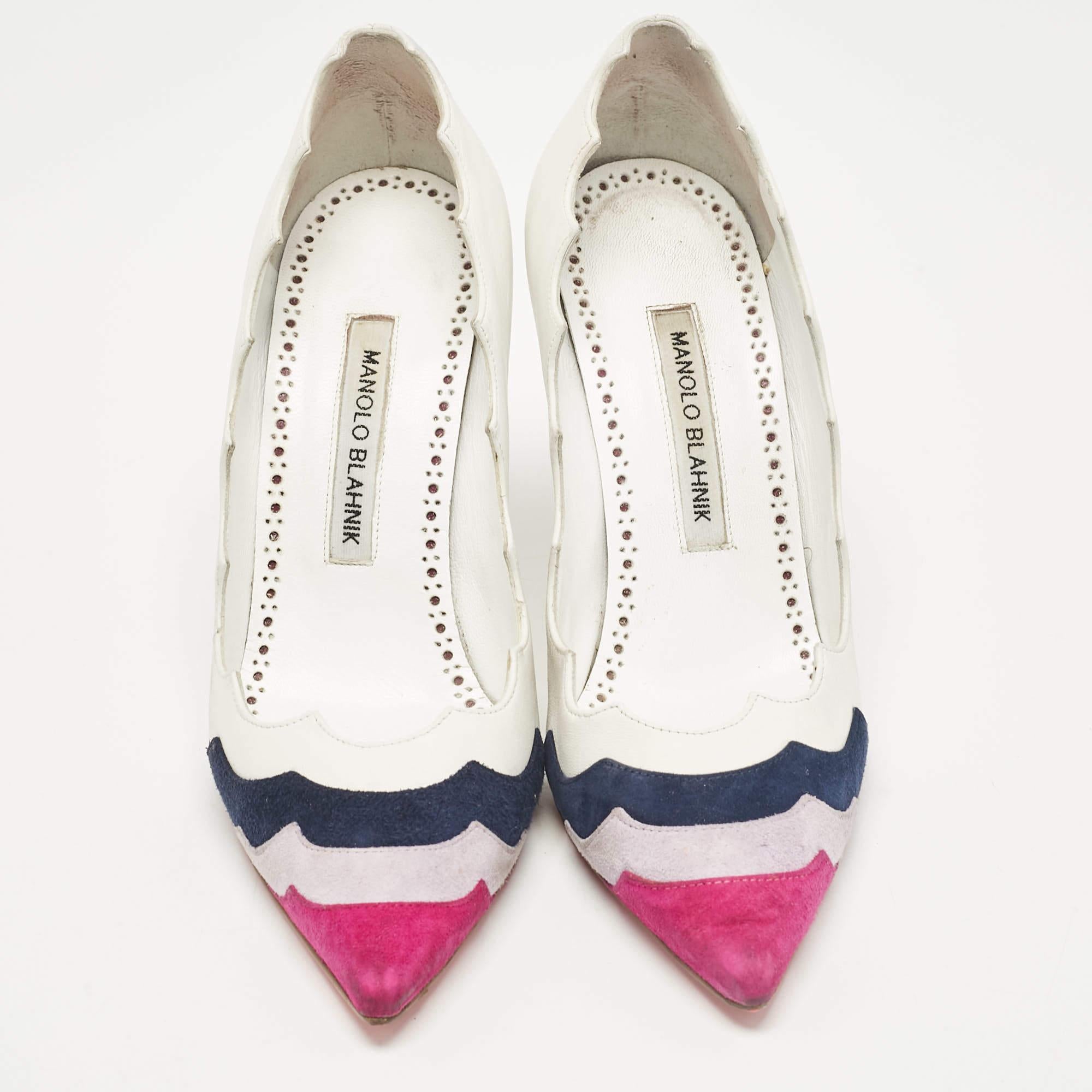Beige Manolo Blahnik White/Tricolor Leather and Suede Pointed Toe Pumps Size 37.5 For Sale