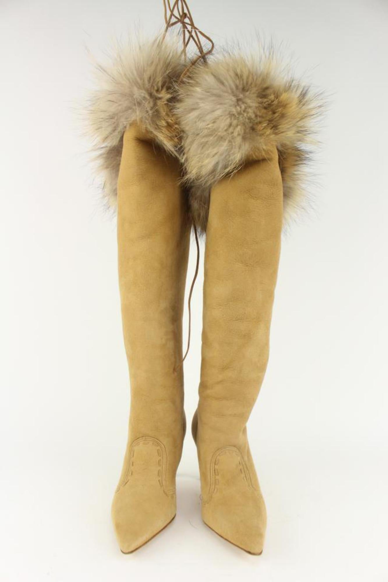 Manolo Blahnik Women's Size 38 Tan Suede Fur Trim Knee-High Likansk Boots 3MB120 6
