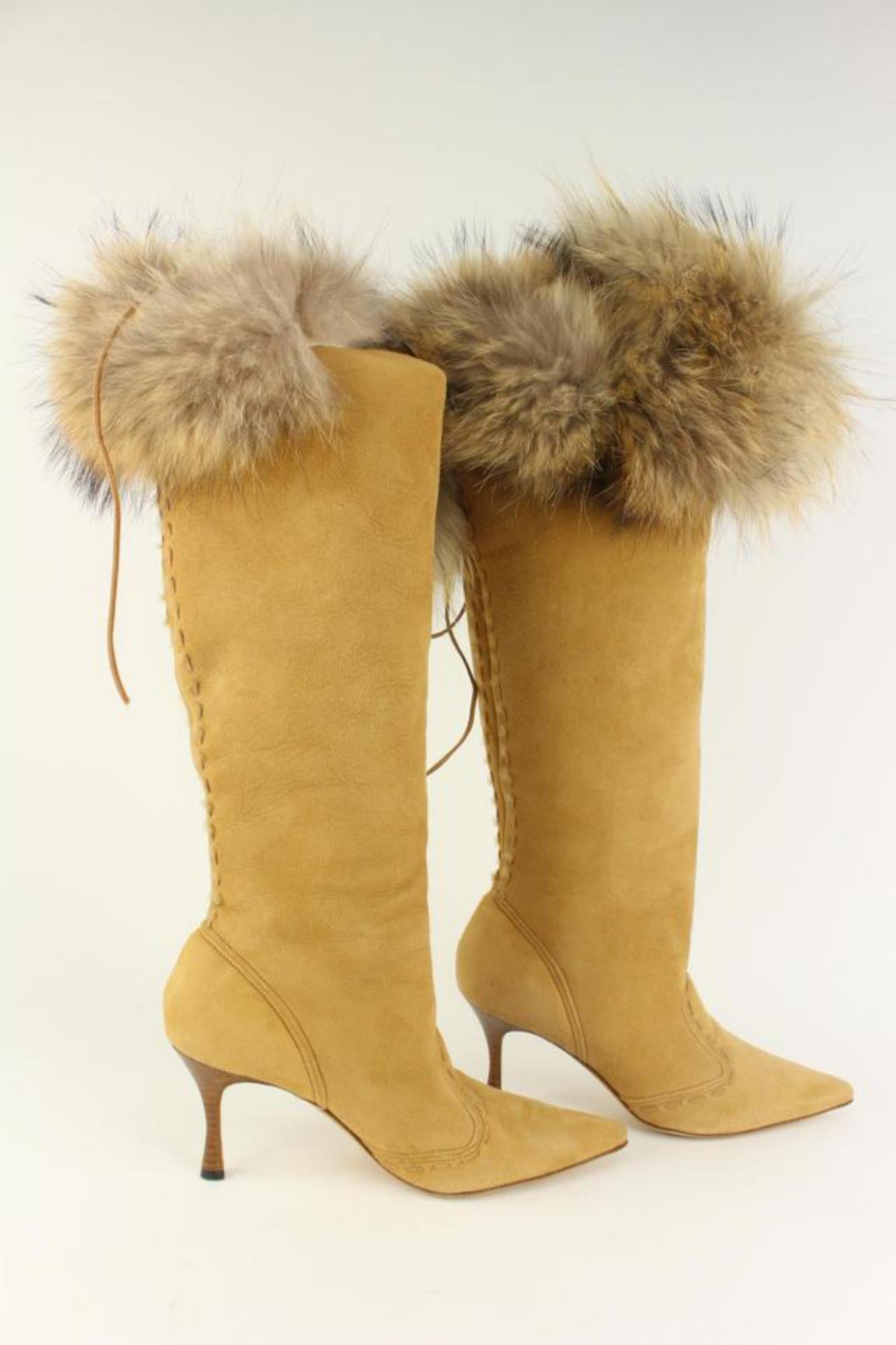 Manolo Blahnik Women's Size 38 Tan Suede Fur Trim Knee-High Likansk Boots 3MB120 7
