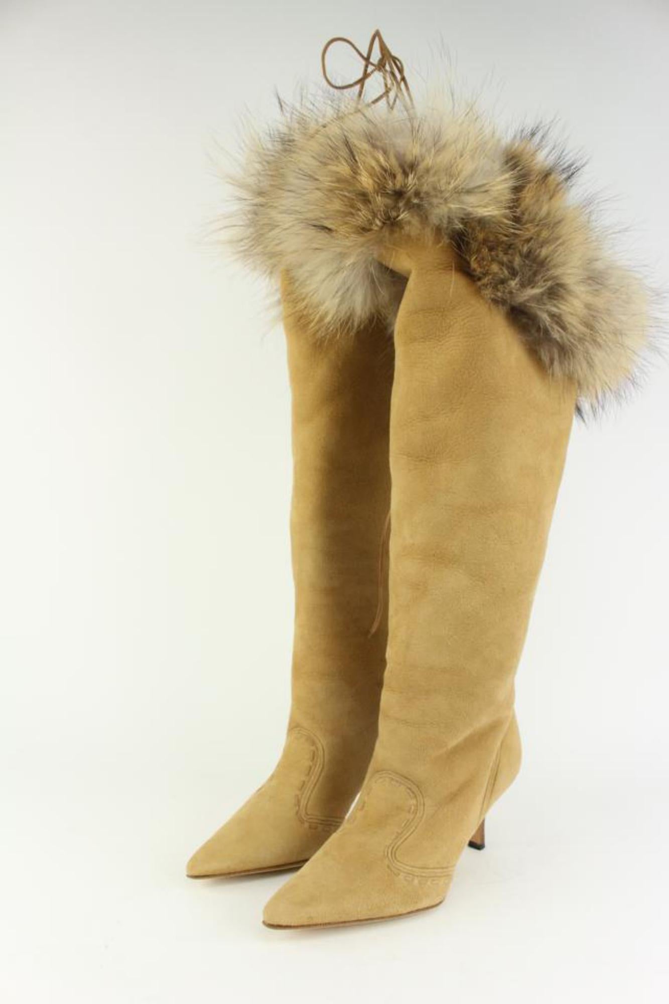 Manolo Blahnik Women's Size 38 Tan Suede Fur Trim Knee-High Likansk Boots 3MB120 8