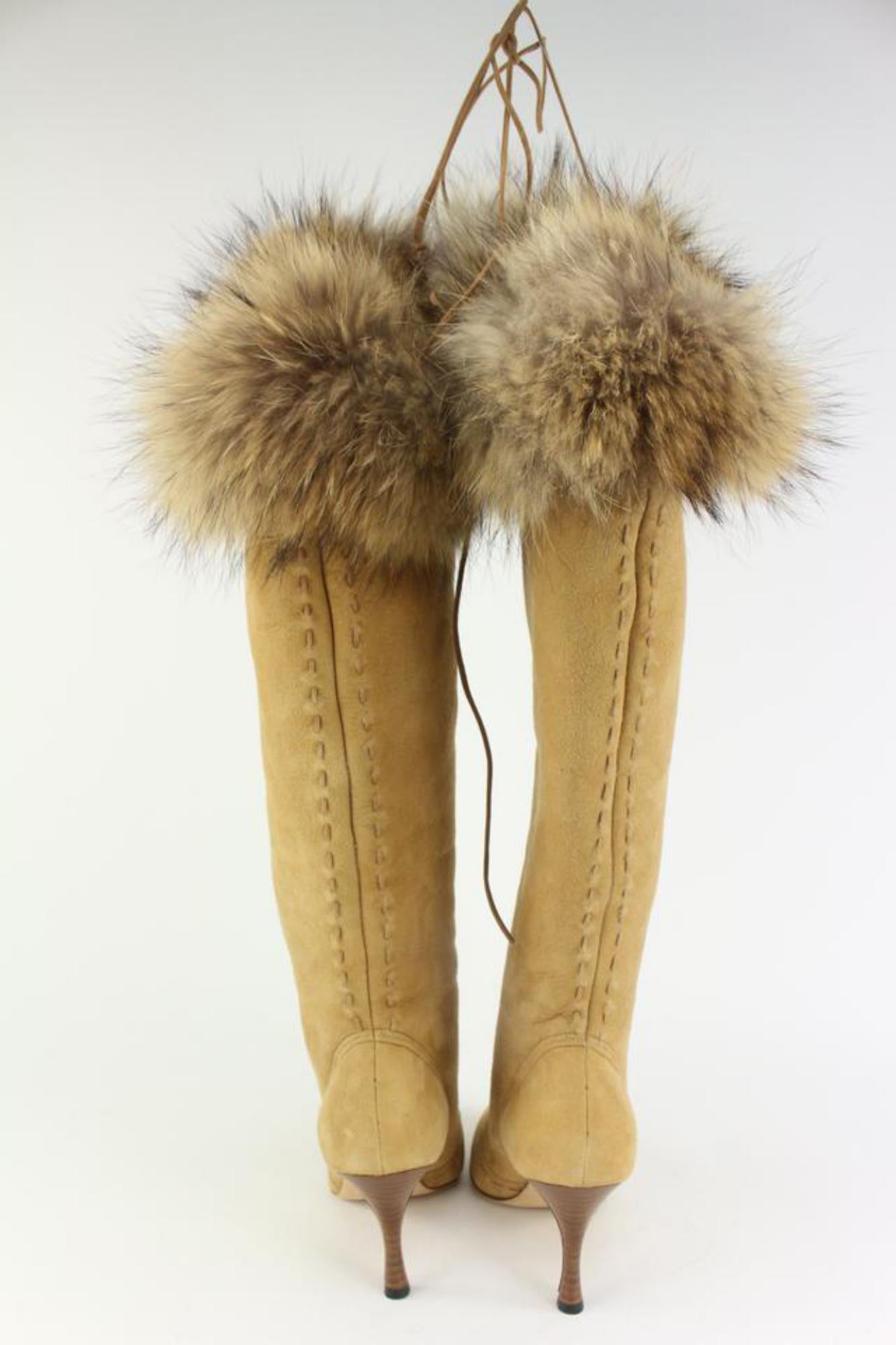 Manolo Blahnik Women's Size 38 Tan Suede Fur Trim Knee-High Likansk Boots 3MB120 5