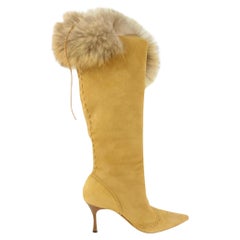 Manolo Blahnik Women's Size 38 Tan Suede Fur Trim Knee-High Likansk Boots 3MB120