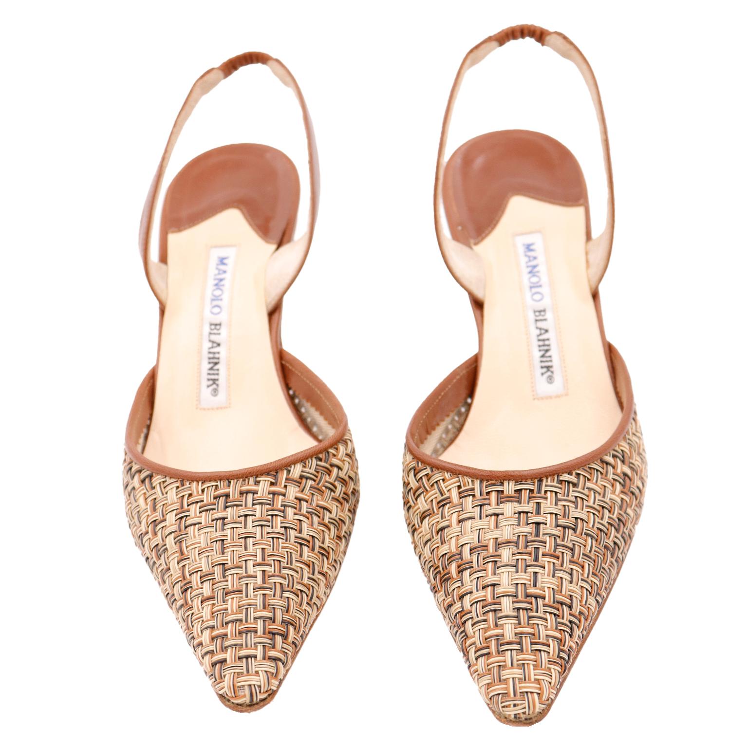 Manolo Blahnik Woven Leather Carolyne Slingback Shoes With Original Box and Bag In Good Condition In Portland, OR