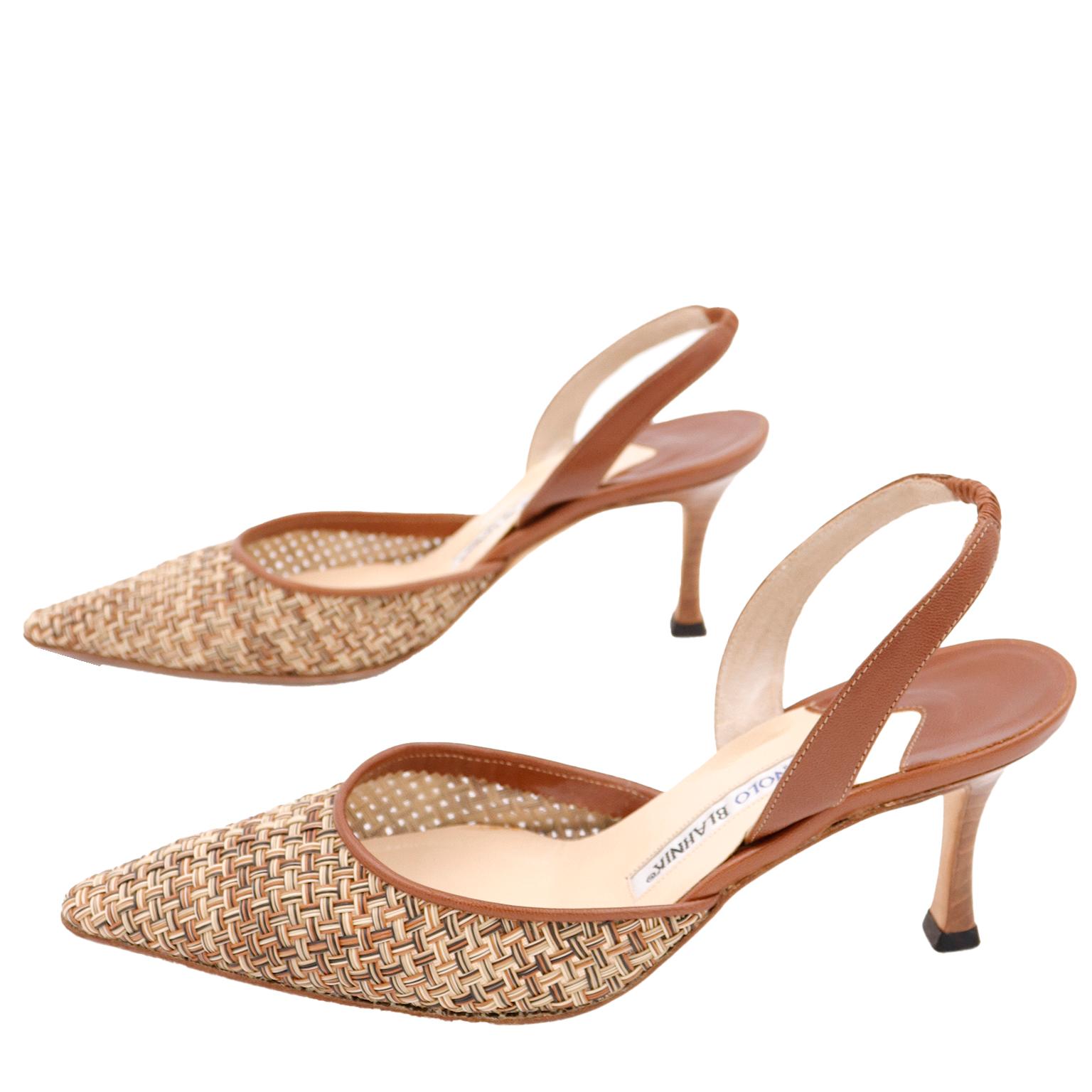 Women's Manolo Blahnik Woven Leather Carolyne Slingback Shoes With Original Box and Bag
