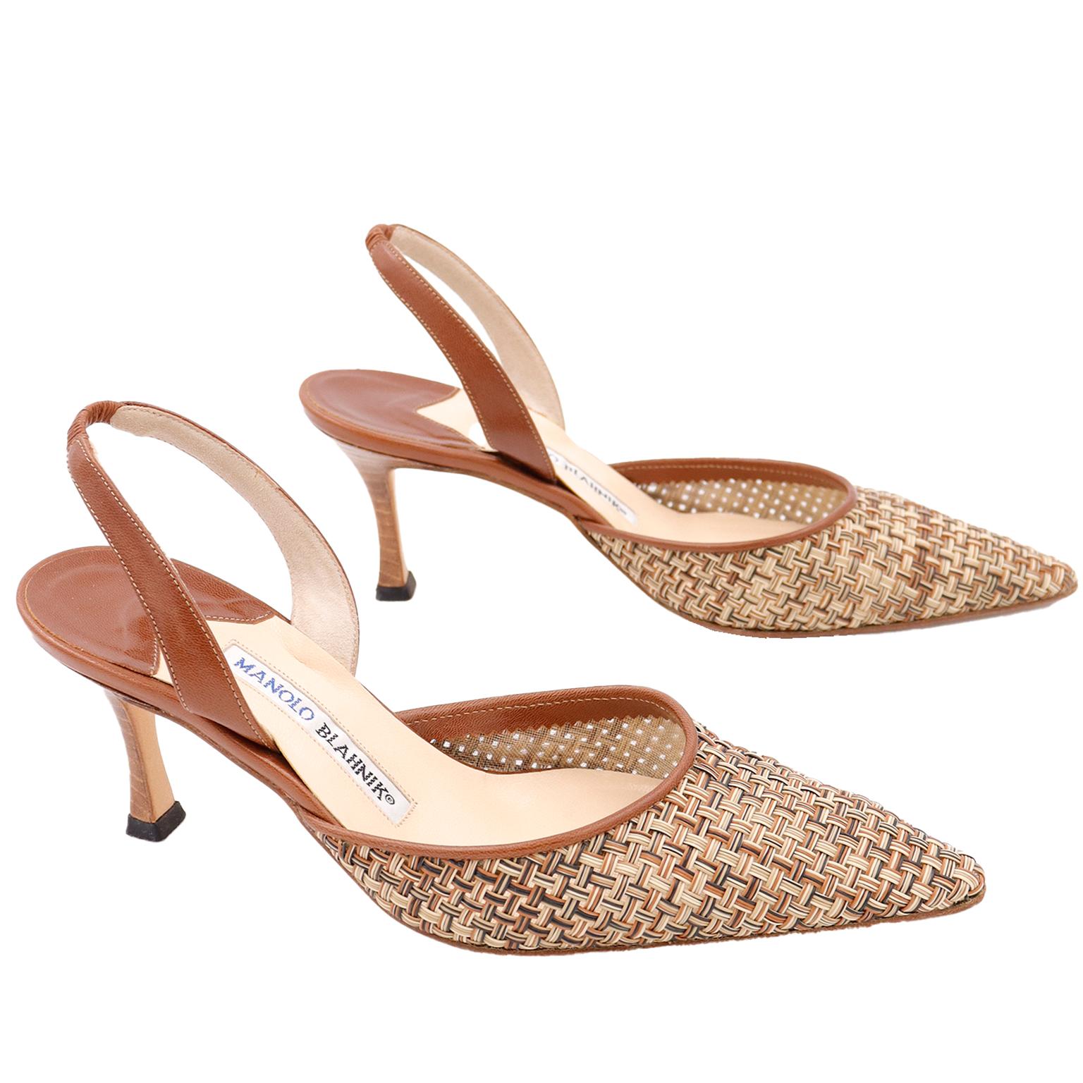 Manolo Blahnik Woven Leather Carolyne Slingback Shoes With Original Box and Bag 2