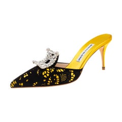 Manolo Blahnik Yellow/Black Satin and Laser Cut Suede Borli Crystal Size 38.5