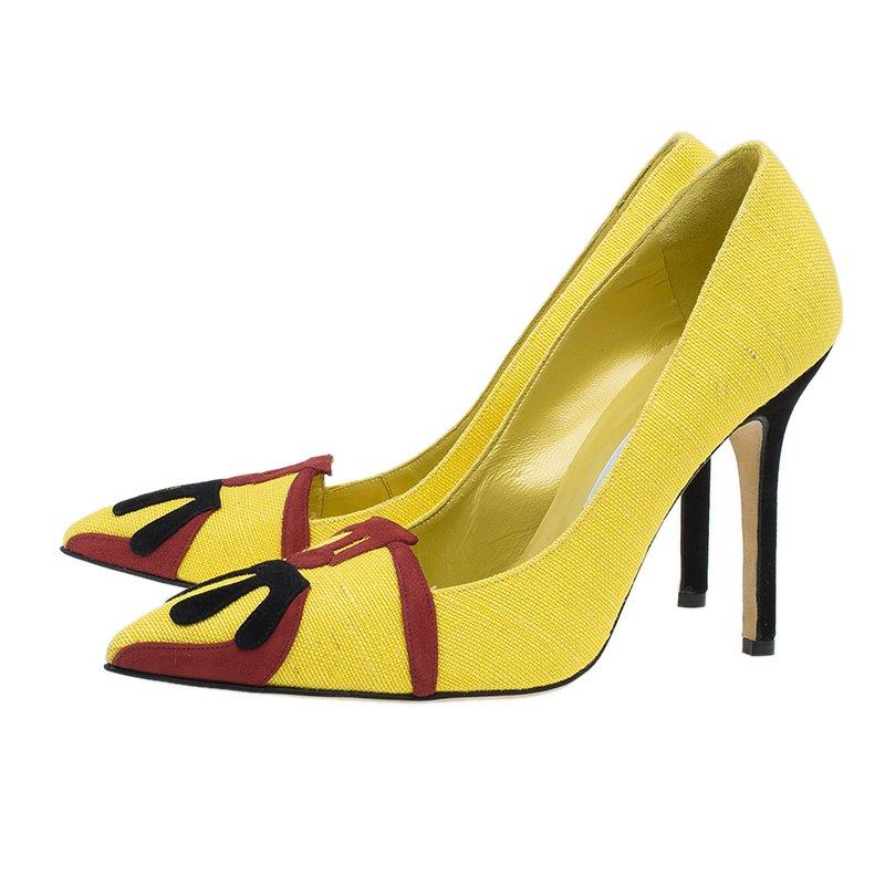Manolo Blahnik Yellow Canvas Pointed Toe Pumps Size 41 5