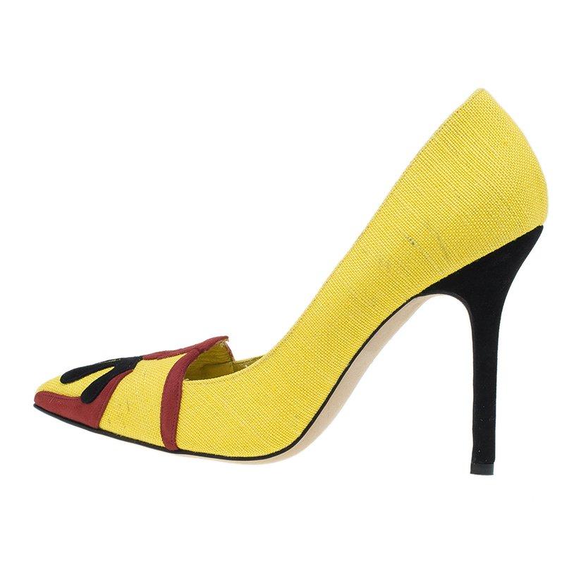Manolo Blahnik Yellow Canvas Pointed Toe Pumps Size 41 6
