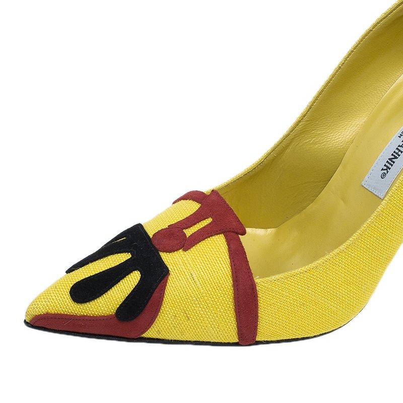 Manolo Blahnik Yellow Canvas Pointed Toe Pumps Size 41 3