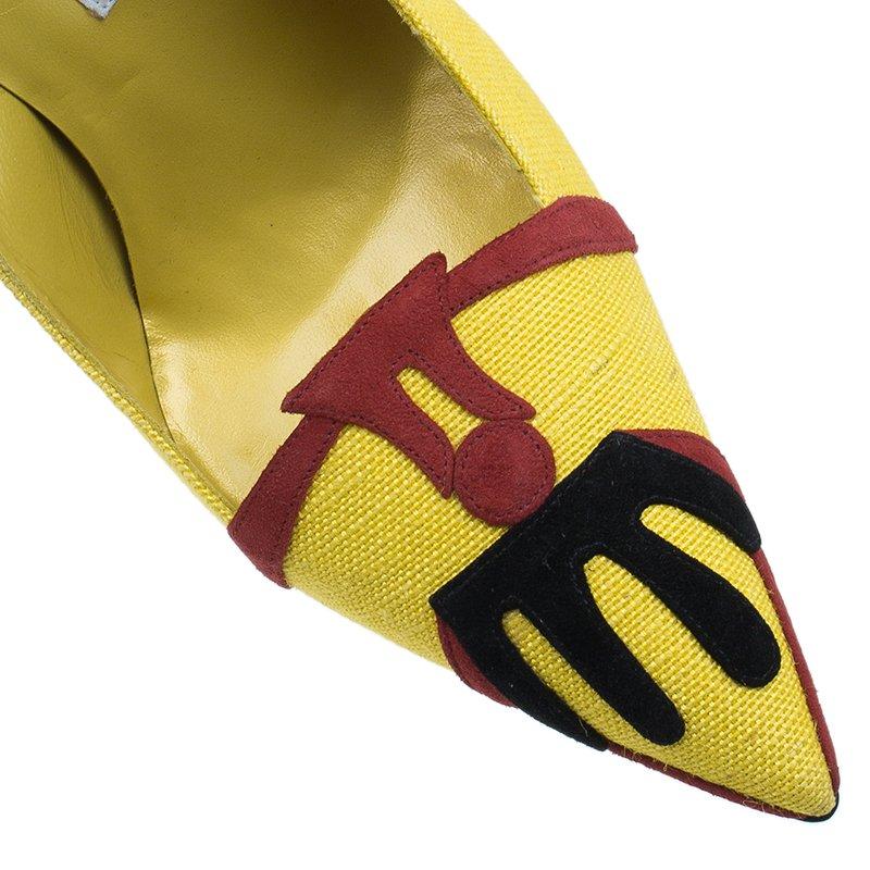 Manolo Blahnik Yellow Canvas Pointed Toe Pumps Size 41 4