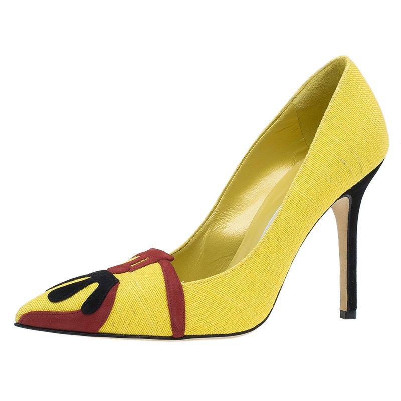 Manolo Blahnik Yellow Canvas Pointed Toe Pumps Size 41