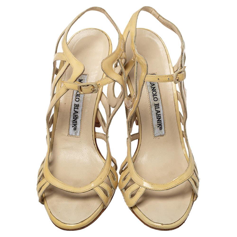 Beige Manolo Blahnik Yellow Patent Leather Strappy Sandals Size 36.5