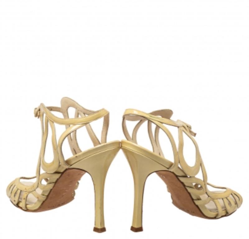Beige Manolo Blahnik Yellow Patent Leather Strappy Sandals Size 36.5 For Sale