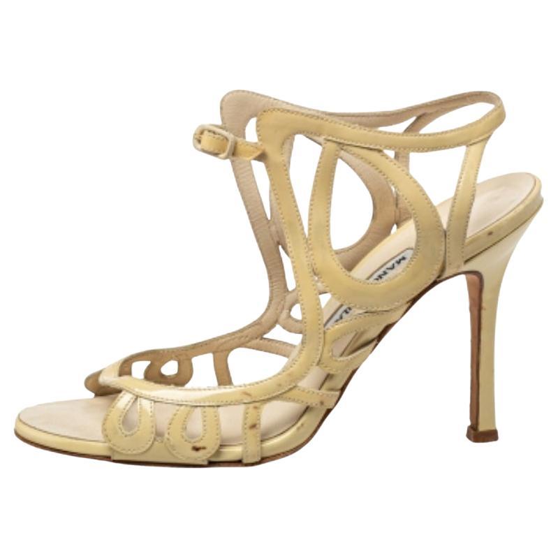 Manolo Blahnik Yellow Patent Leather Strappy Sandals Size 36.5 For Sale