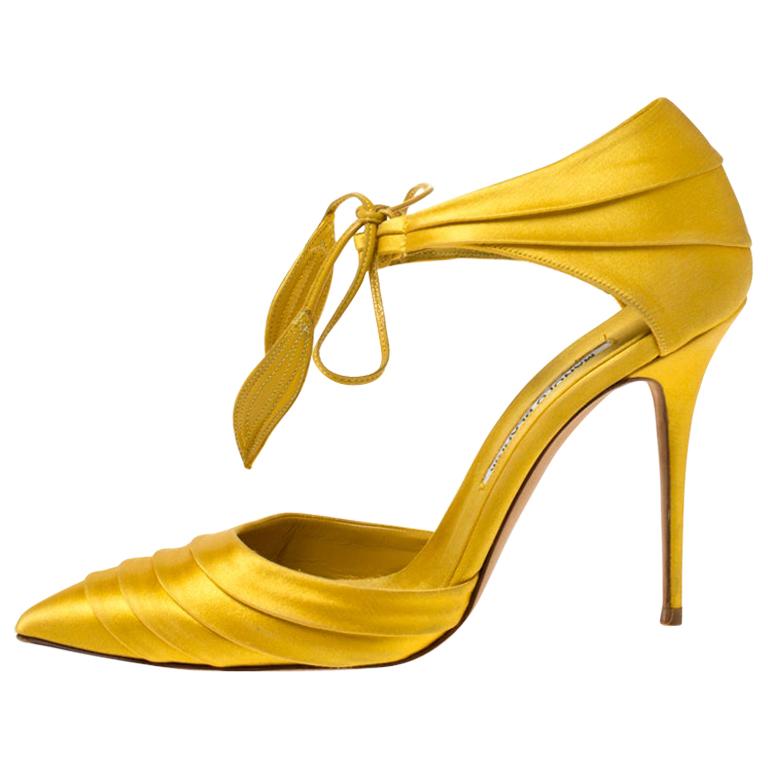 Manolo Blahnik Yellow Pleated Satin Reya Pointed Toe Ankle Tie Pumps ...