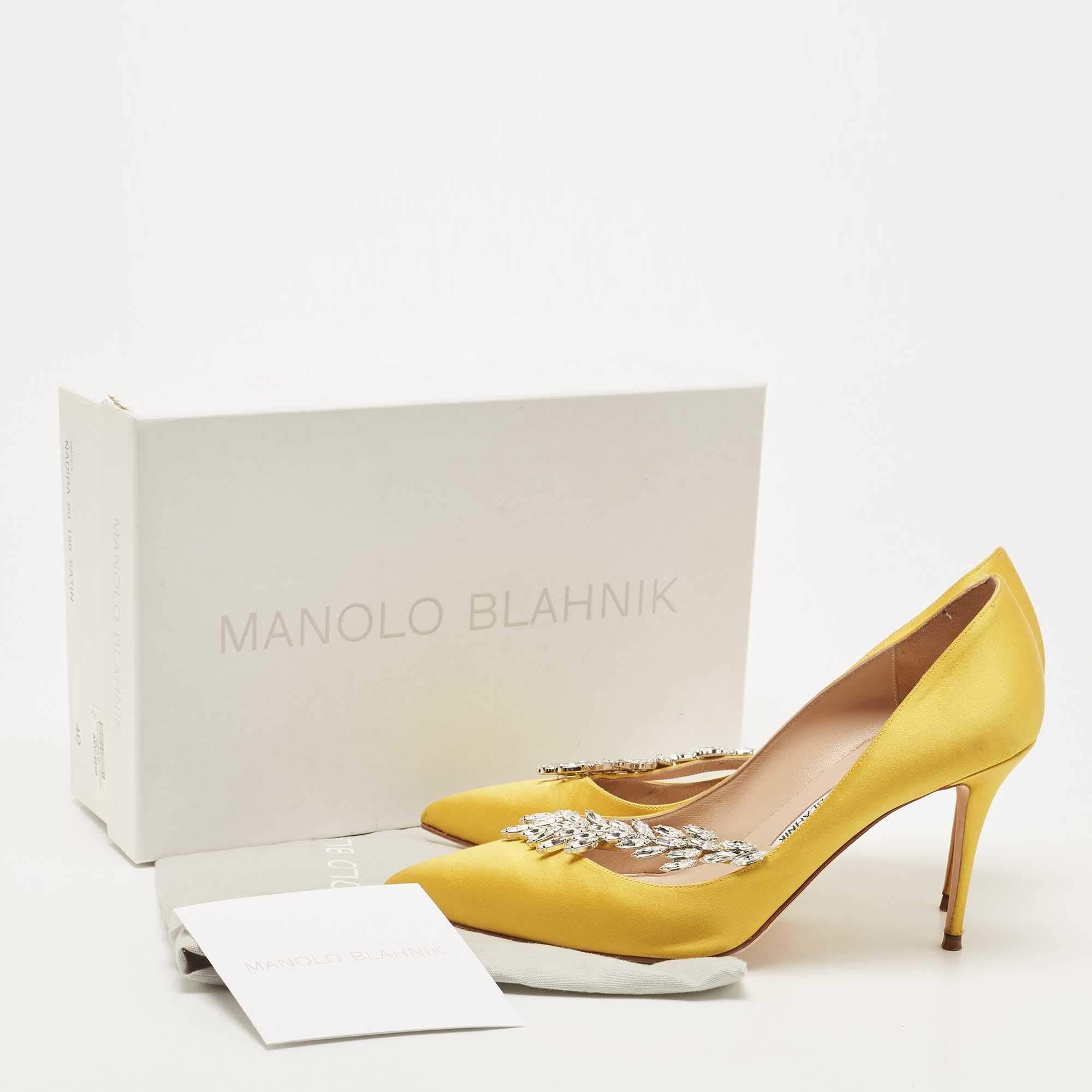 Manolo Blahnik Yellow Satin Crystals Embellished Nadira Pumps Size 40 5