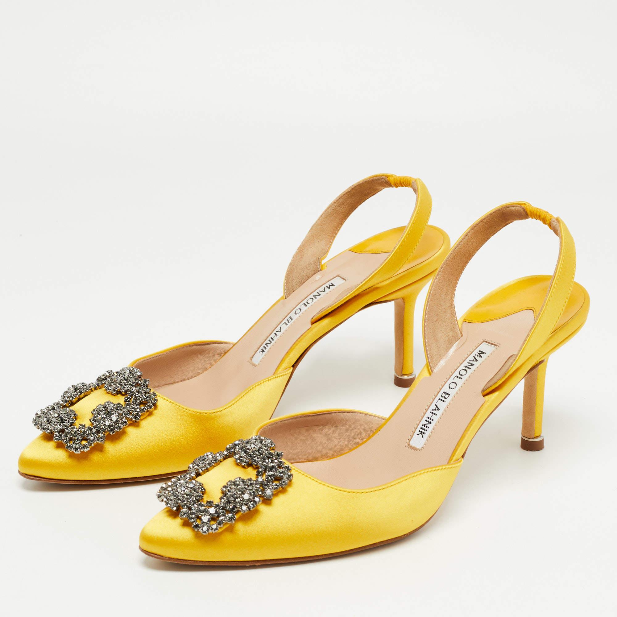 Manolo Blahnik Yellow Satin Hangisi Slingback Pumps Size 37.5 2
