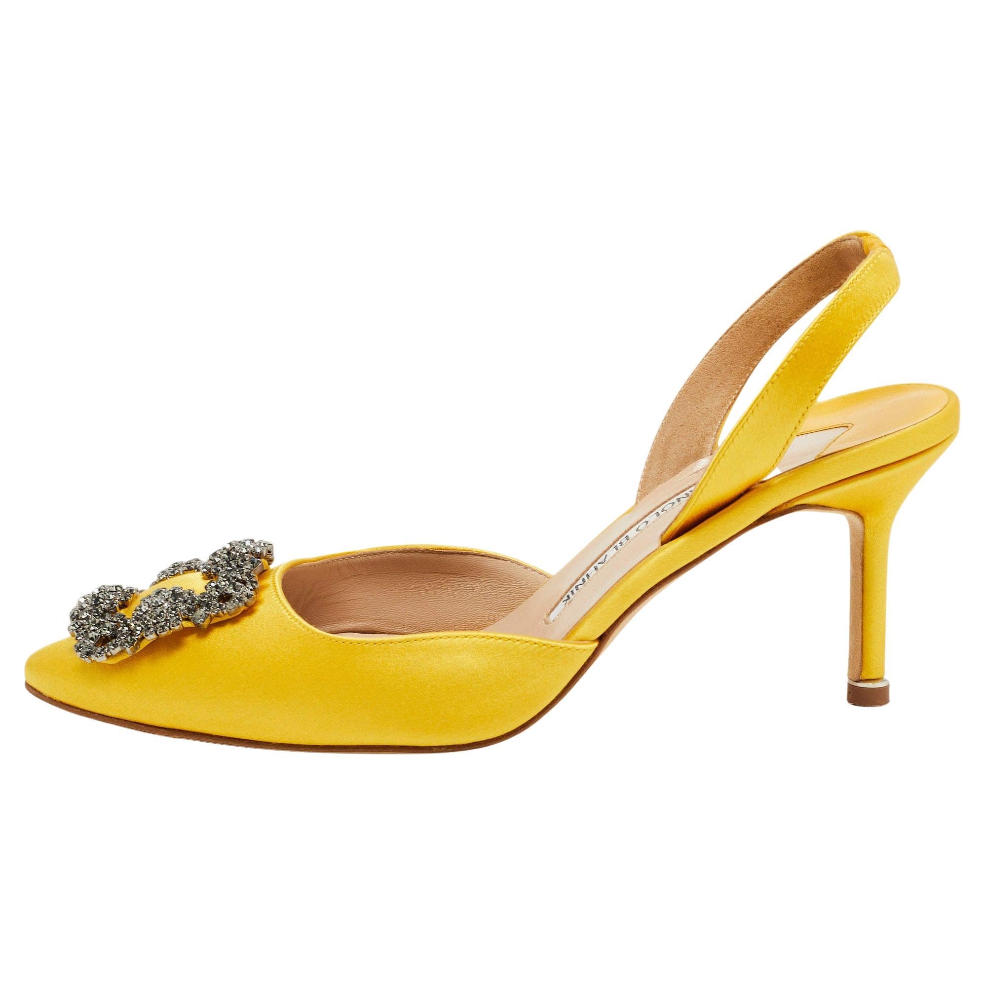 Manolo Blahnik Yellow Satin Hangisi Slingback Pumps Size 37.5