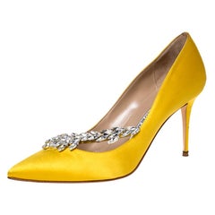 Manolo Blahnik Yellow Satin Nadira Crystal Embellished Pointed Toe Pumps Size 38