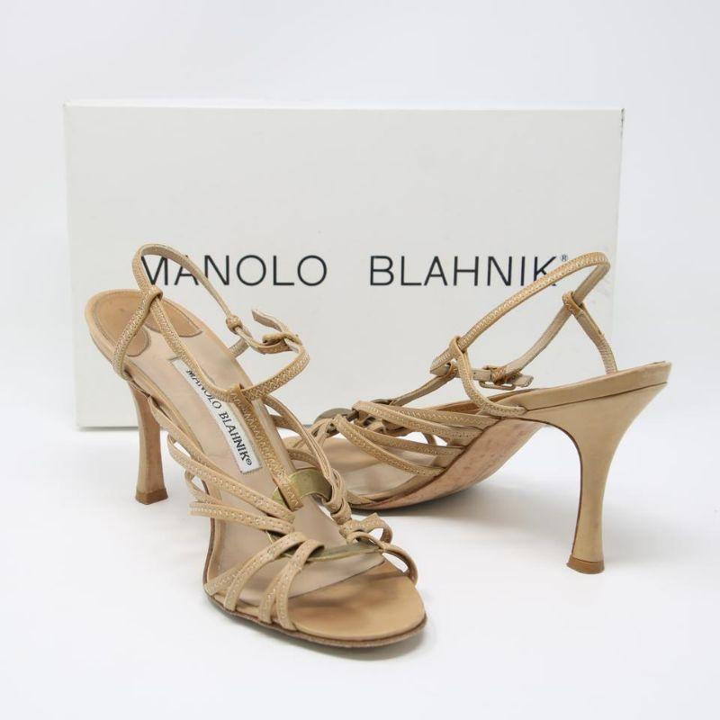 Beige Manolo Blahnik Zig Zag Strappy Leather Open Toe Heel Sandals 37.5 MB-S0917P-0139 For Sale