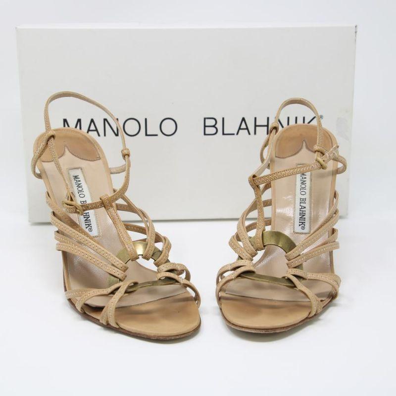 Manolo Blahnik Zig Zag Strappy Leather Open Toe Heel Sandals 37.5 MB-S0917P-0139 In Good Condition For Sale In Downey, CA