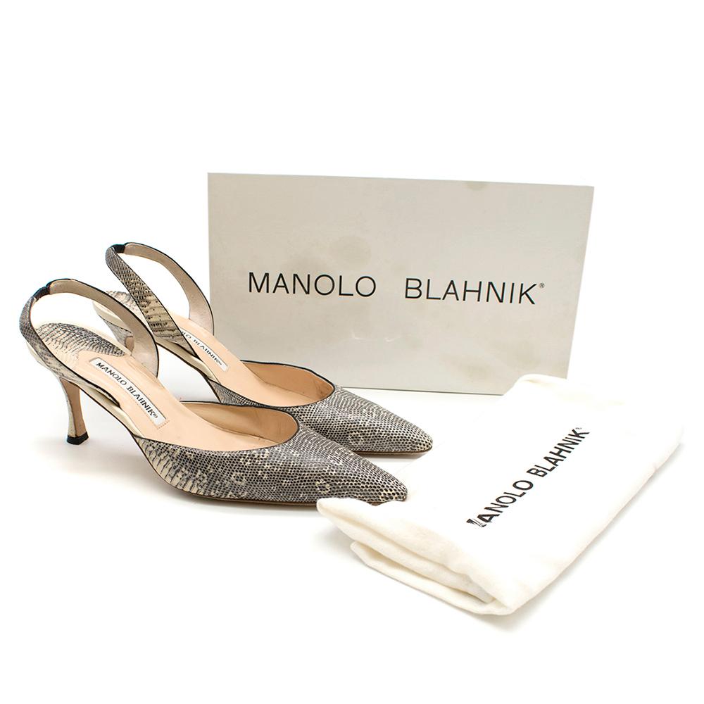 Manolo Blahnk Lizard Roccia Ring Slingback Pumps

Leather, animal print ankle elasticised strap pumps 
Pointed toe 
Slip on 
Flared kitten high heel design

Dust bag and box included 

Please note, these items are pre-owned and may show some signs