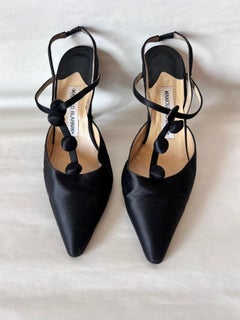 Manolo Blanik Black Satin  Cocktail Button Up Cocktail  Shoes