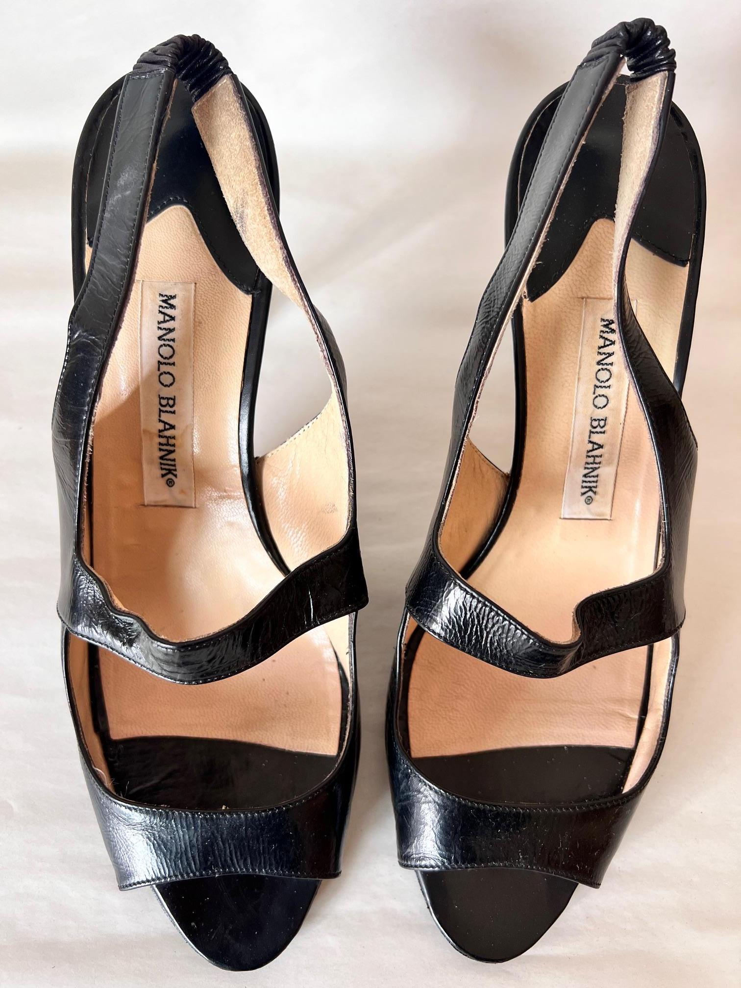 Manolo Blanik Black Satin Leather Cocktail Open Stripe Shoes For Sale 6