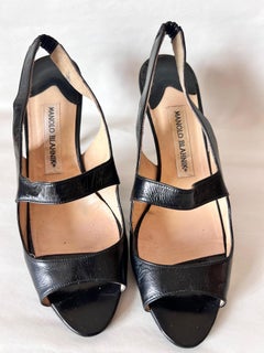 Manolo Blanik Black Satin Leather Cocktail Open Stripe Shoes