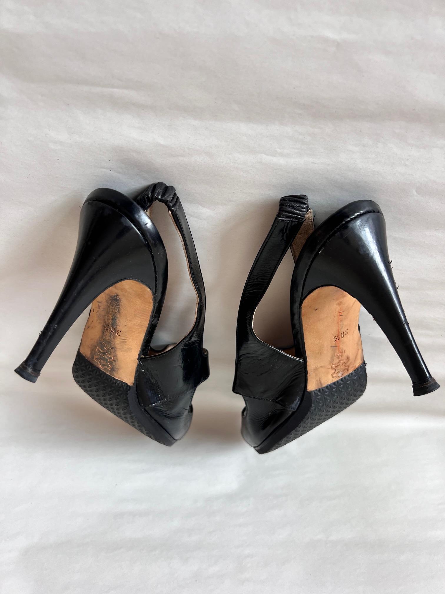 Manolo Blanik Black Satin Leather Cocktail Open Stripe Shoes For Sale 5