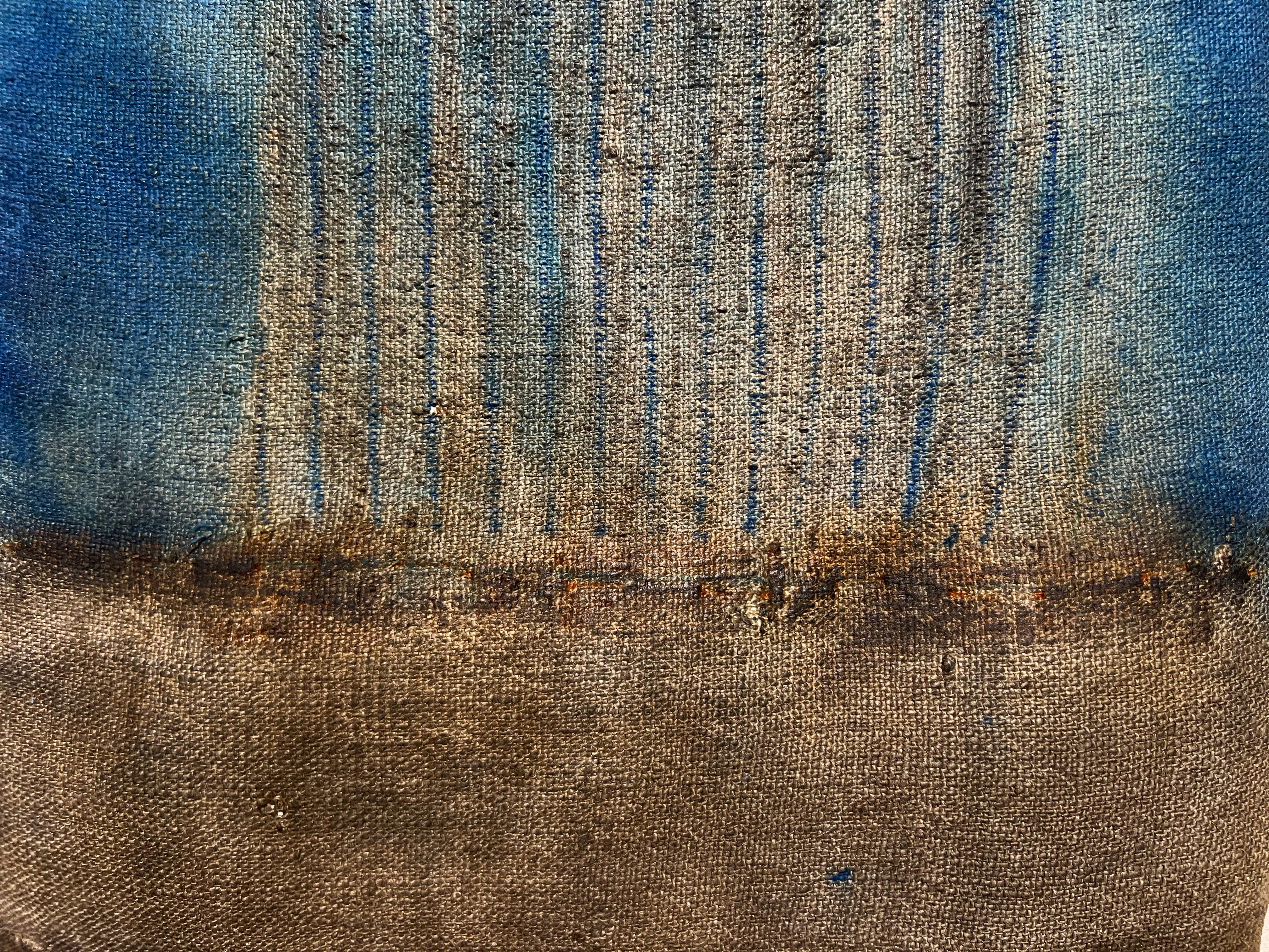 Peinture avec du lin, de la cire d'abeille et des pigments naturels, bleus et bruns. en vente 1