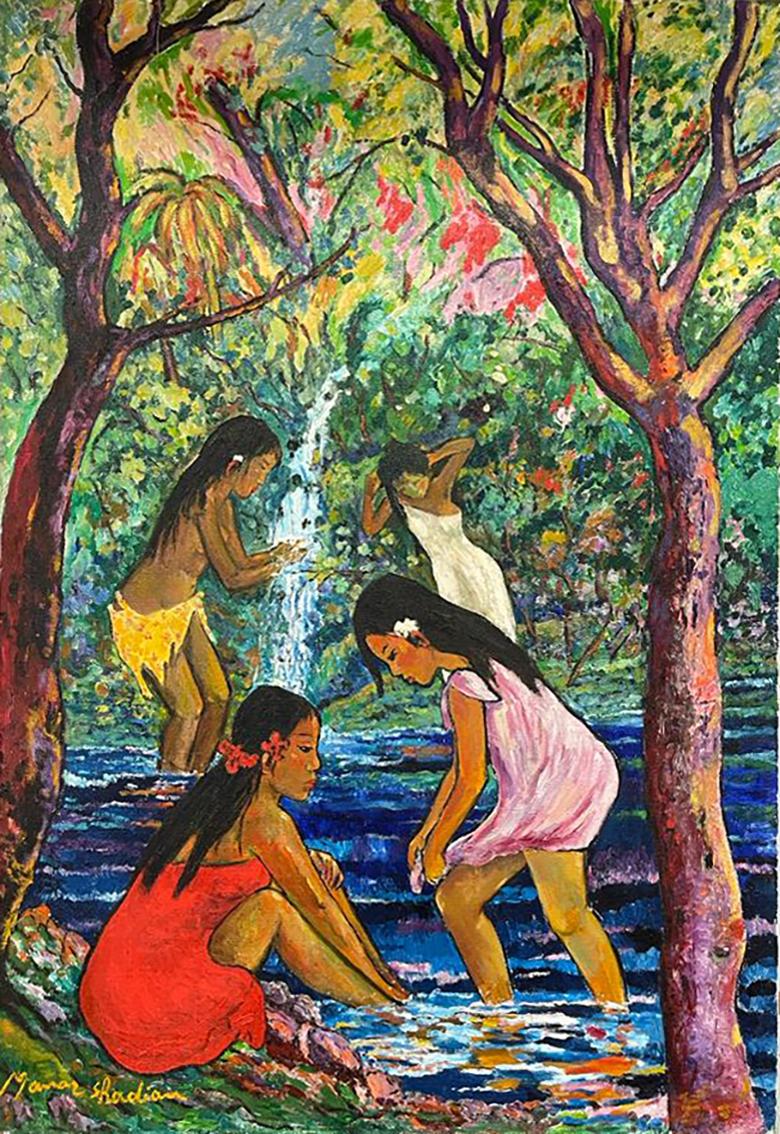 Manor Shadian - Bañistas en el bosque - Óleo original en venta 1