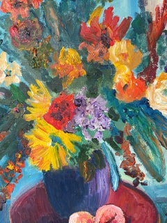 Manor Shadian ** Bright Bouquet on a Wooden Stand ** Original Oil On Canvas