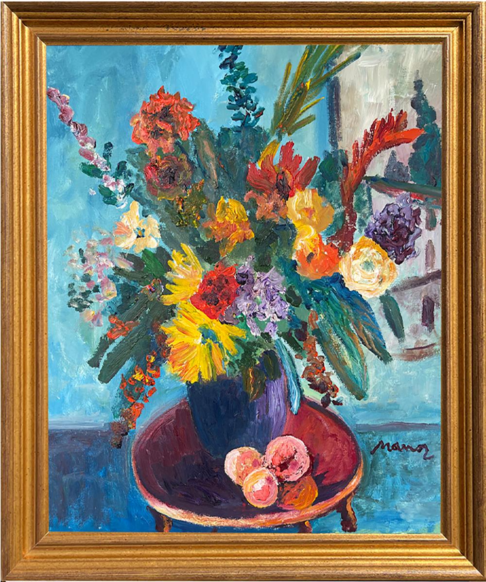 Artist: Manor Shadian (1931-
Title:  Tropical Township
Medium: Original oil on canvas
Signature: Hand signed By Artist
Size: Approximately 20x24 inches 
Framed: Approximately 24x28 inches 
Biography: Manor Shadian was born in 1931, even from his