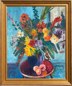 Manor Shadian ** Bright Bouquet on a Wooden Stand ** Original Oil On Canvas