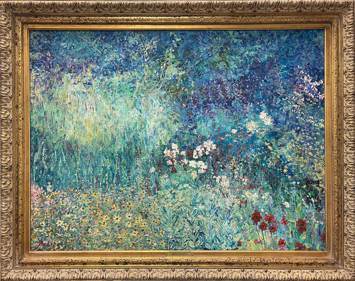 Artist: Manor Shadian (1931-
Title: Daffodils and Poppies Under the Trees
Medium: Original oil on burlap
Signature: Hand signed By Artist
Size: Approximately 36x48 inches 
Framed: Approximately 45x57 inches 
Biography: Manor Shadian was born in