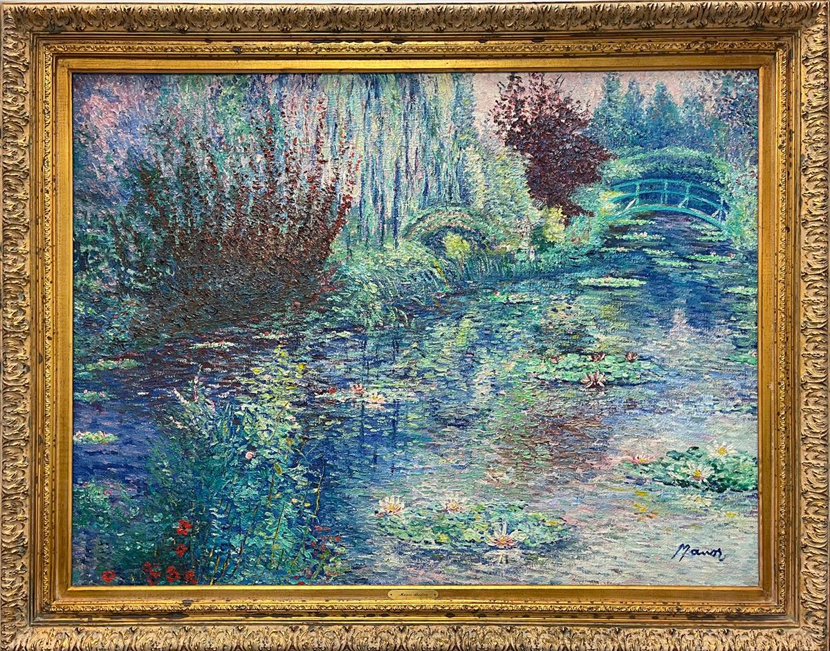 Artist: Manor Shadian (1931-
Title:  Giverny Water Lilies with Two Bridges 
Medium: Original oil on burlap
Signature: Hand signed By Artist
Size: Approximately 36x48 inches 
Framed: Approximately 45x57 inches 
Biography: Manor Shadian was born in