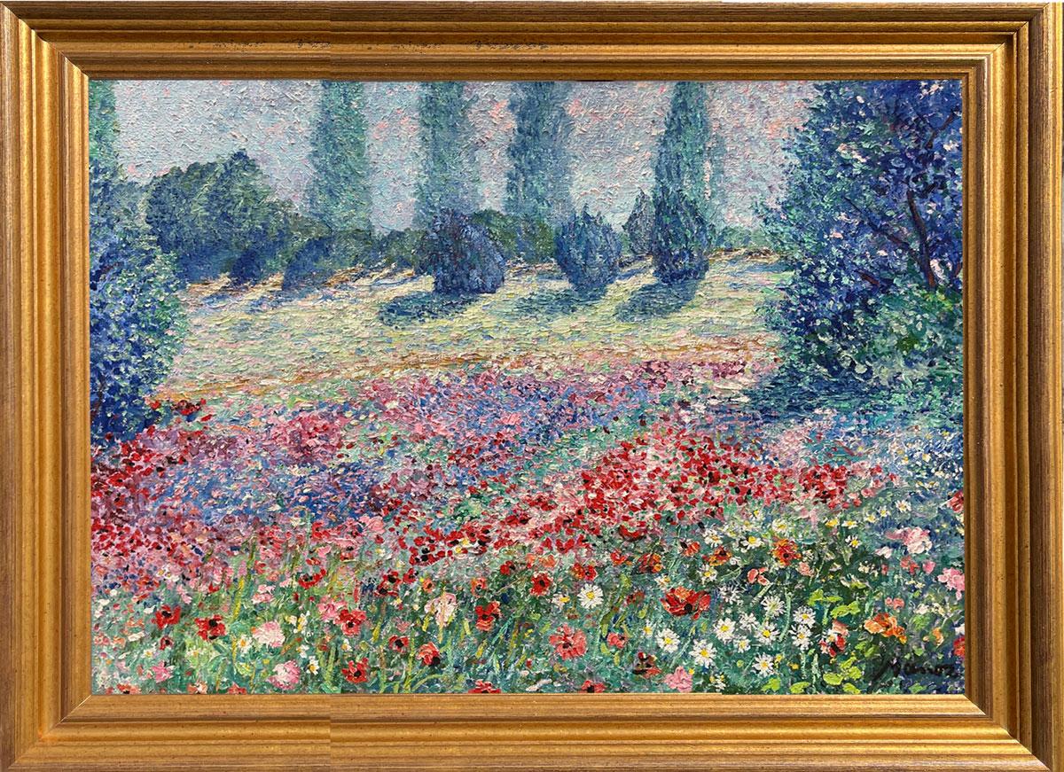 Artist: Manor Shadian (1931-
Title: Poppy and Daisy Field 
Medium: Original oil on burlap
Signature: Hand signed By Artist
Size: Approximately 36x48 inches 
Framed: Approximately 45x57 inches 
Biography: Manor Shadian was born in 1931, even from his