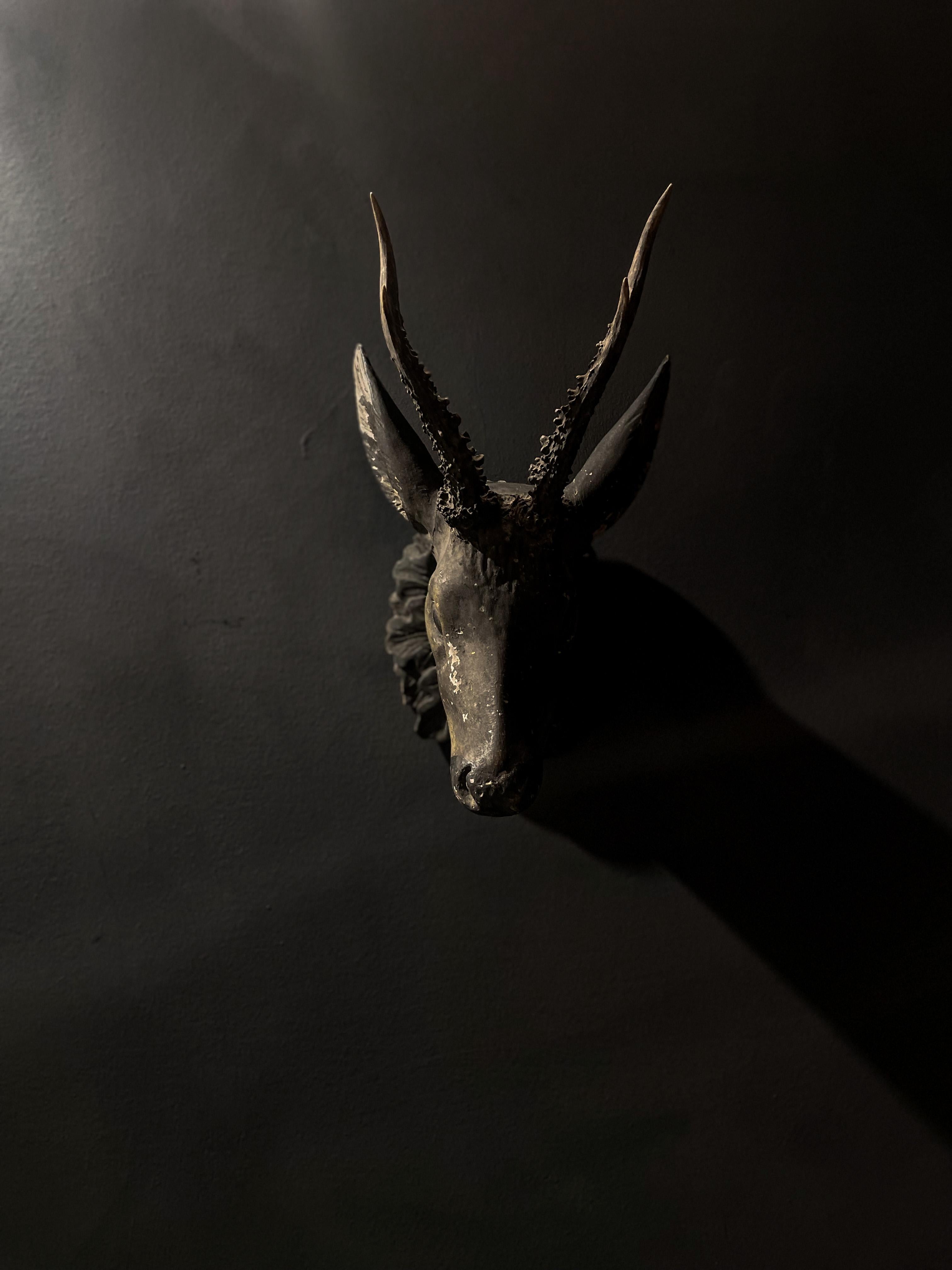 Superbe tête de cerf en plâtre de la Forêt Noire allemande du 20e siècle, ornée de véritables bois. Cette pièce a probablement été récupérée dans un ancien manoir allemand. Le plâtre présente une patine étonnante qui ajoute au caractère de cette