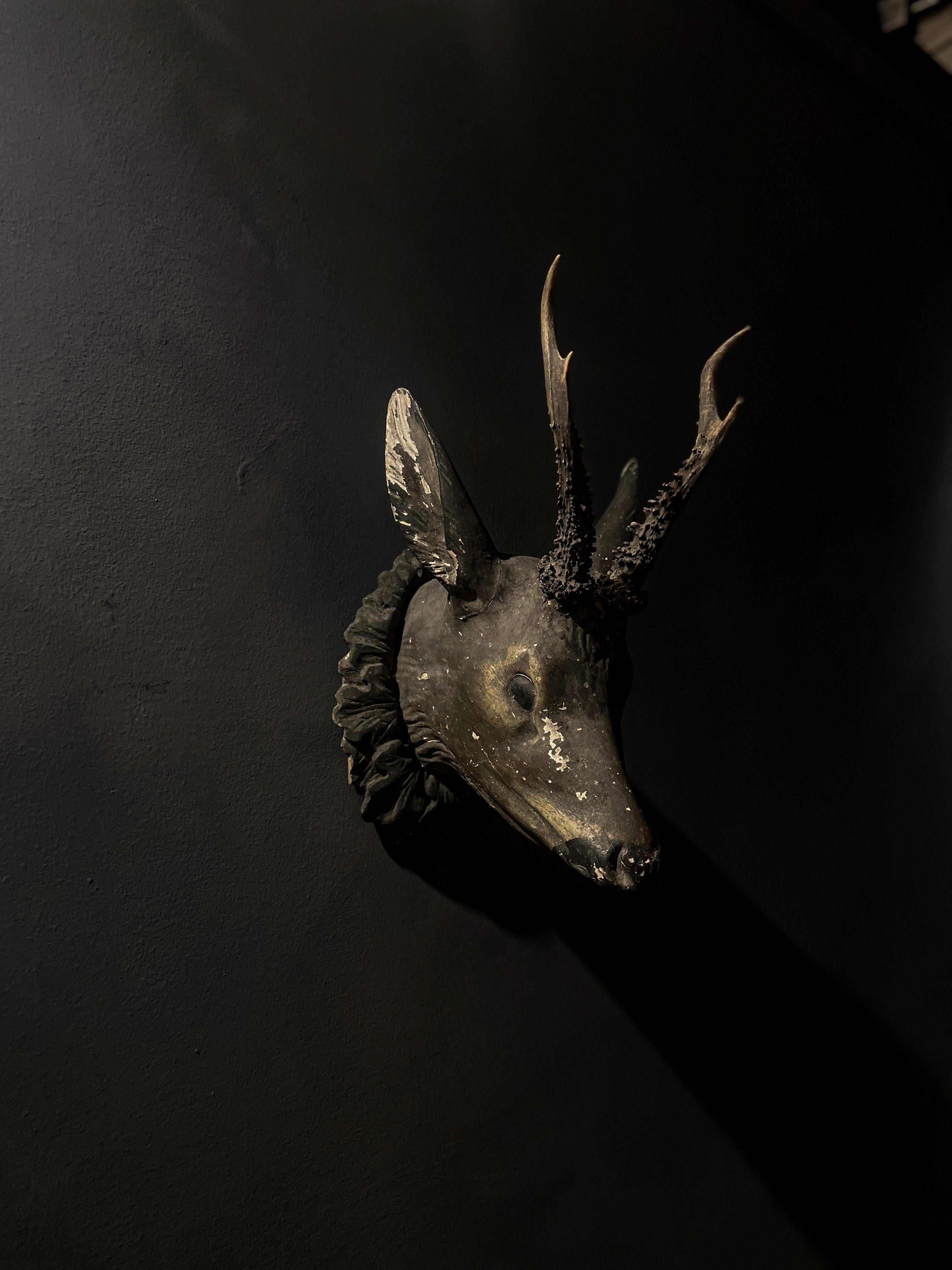 Manorial Black Forest Plaster Deer Head Adorned with Antlers- 1900s Germany  In Fair Condition For Sale In Asheville, NC