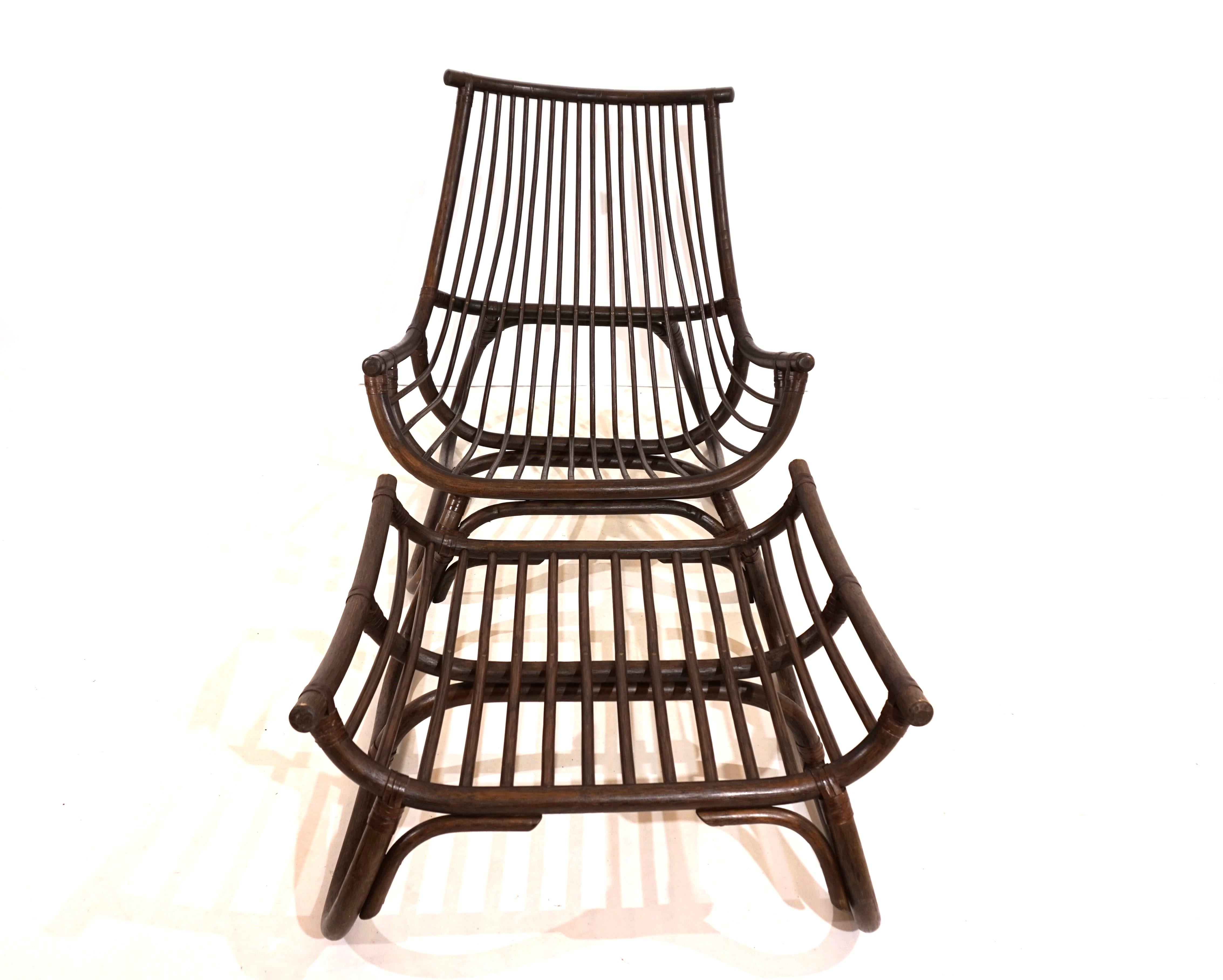 Mid-Century Modern Manou rattan lounge chair in pagoda style with ottoman For Sale