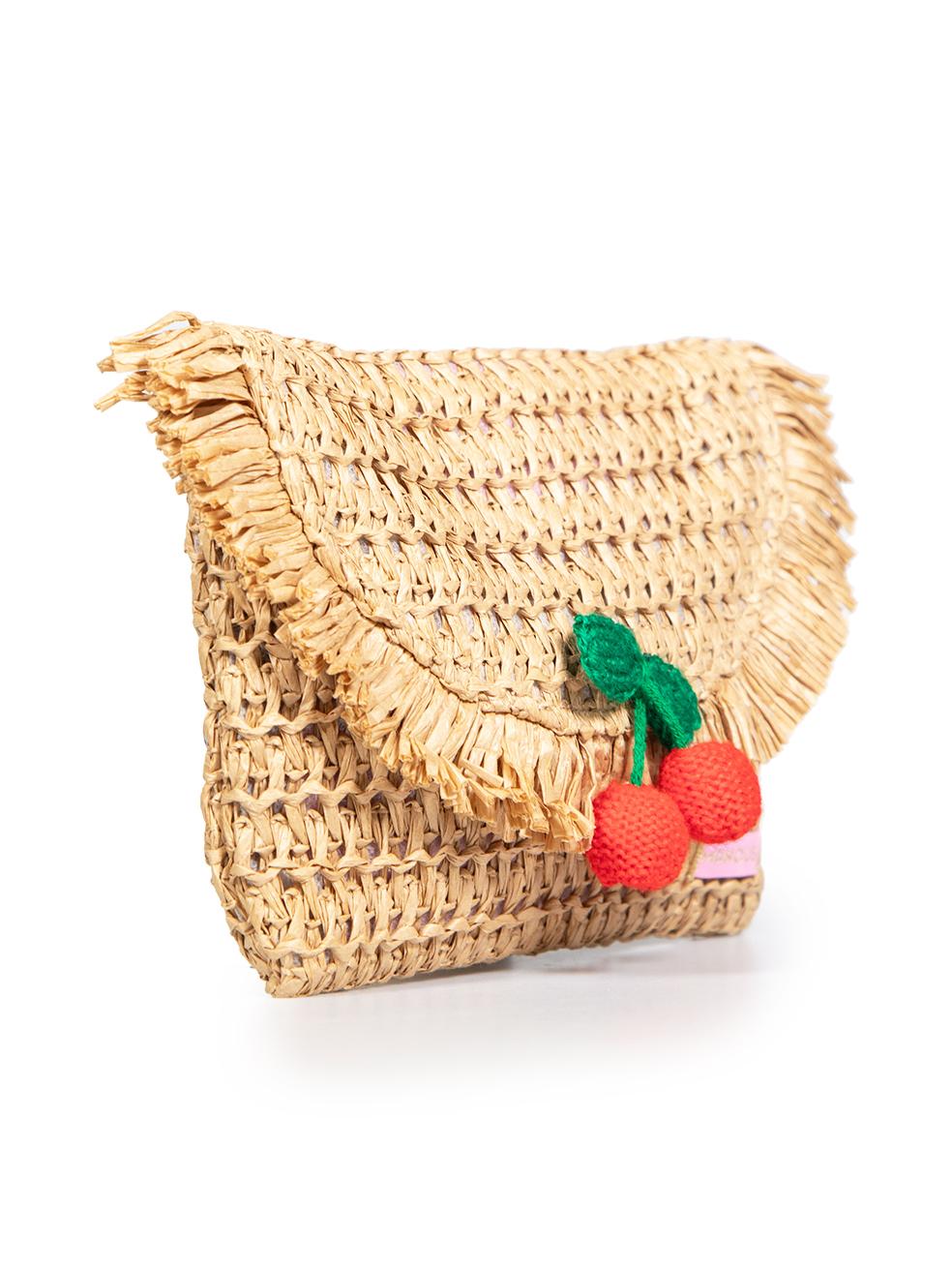 CONDITION is Very good. Hardly any visible wear to bag is evident on this used Manoush designer resale item.
 Details
 Beige
 Raffia
 Mini clutch
 Cherry detail on flap
 Tassel edge on flap
 Front magnetic button closure
 One main compartment
 
 
 
