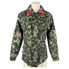 Used MANOUSH Size 4 Green Camouflage Denim Cotton Rhinestone Collar Military Jacket